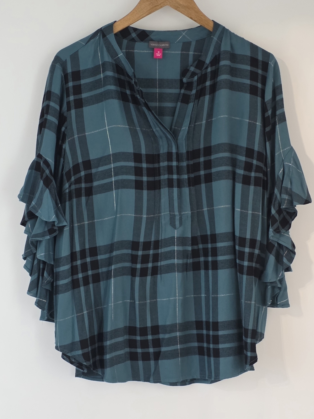 Vince Camuto Deep Forest Plaid Henley 3/4 Flutter Sleeve Womens Size 1X